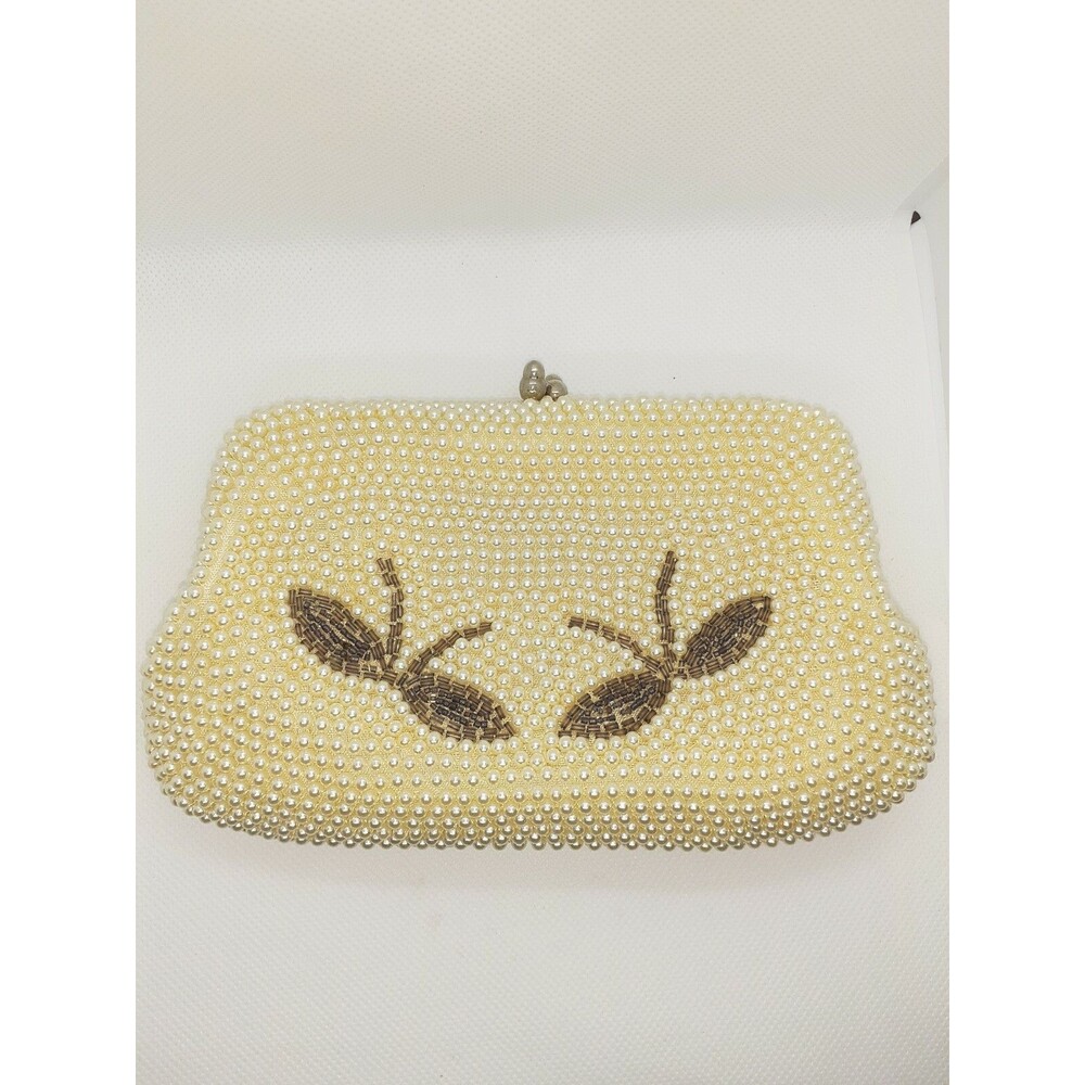 Vtg Women's 50's Ivory White Beaded Kiss Lock Clutch Dragonflies Made In Japan